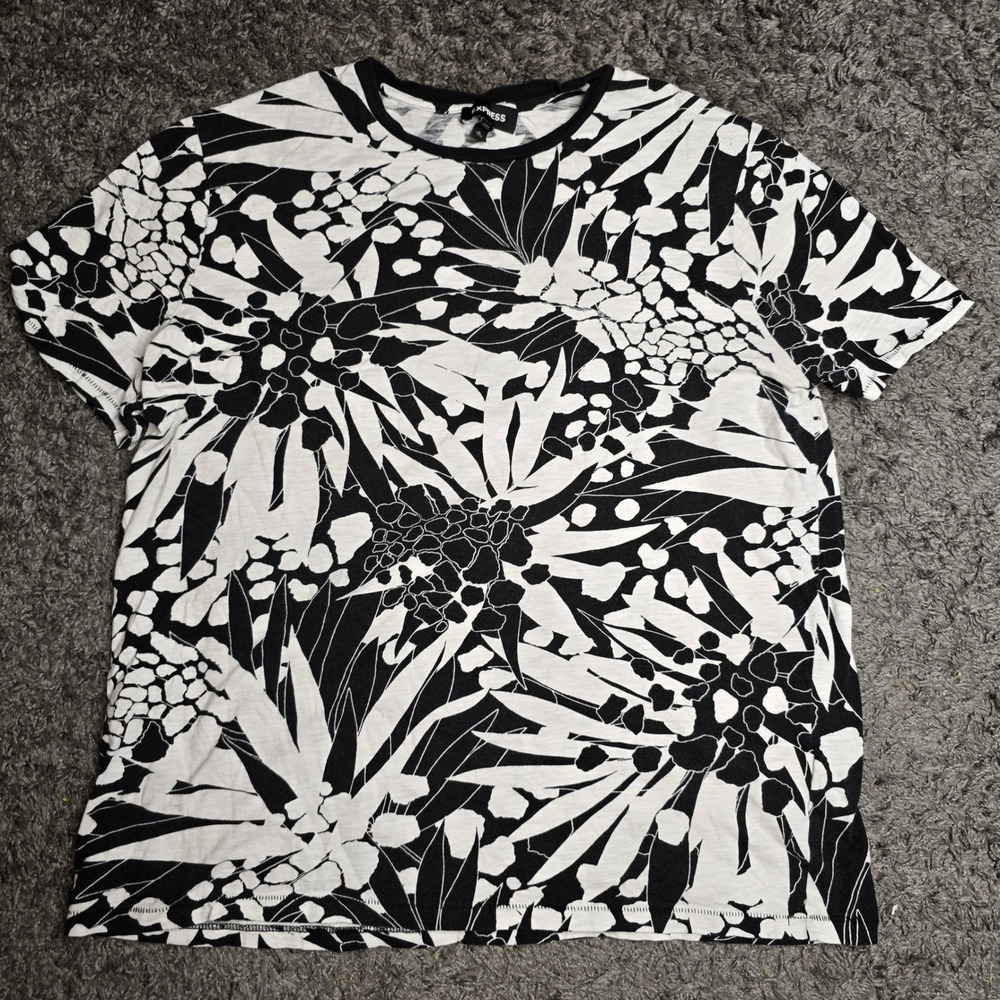 Express Mens T-Shirt XL Tall Black White Tropical Floral Leaf Print Slub Tee